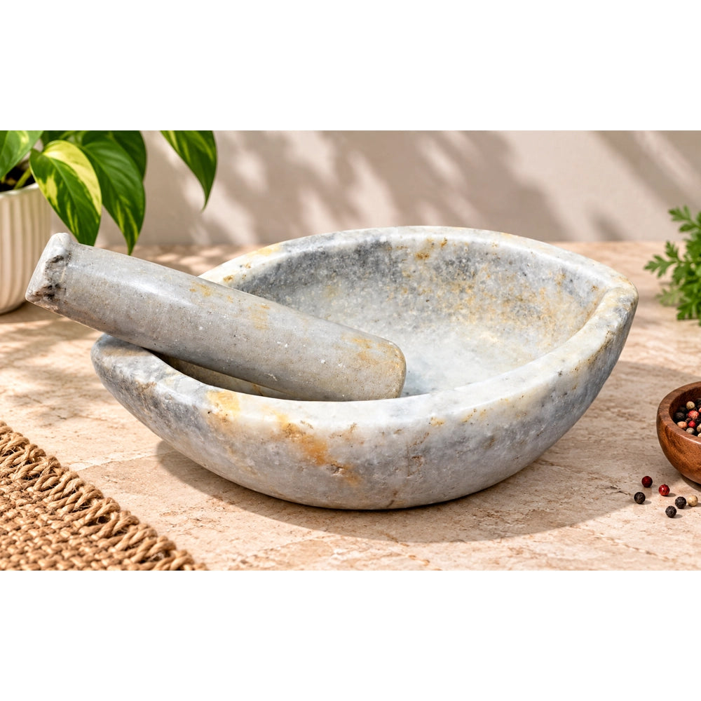 Antique Handicrafted White Marble Grinding Bowl called Karal With Mortar - 2026091110UNQ